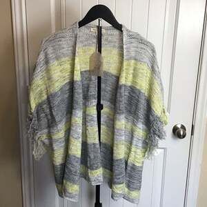 Hem & Thread Fringe Hem Open Front Cardigan Large boho grey yellow